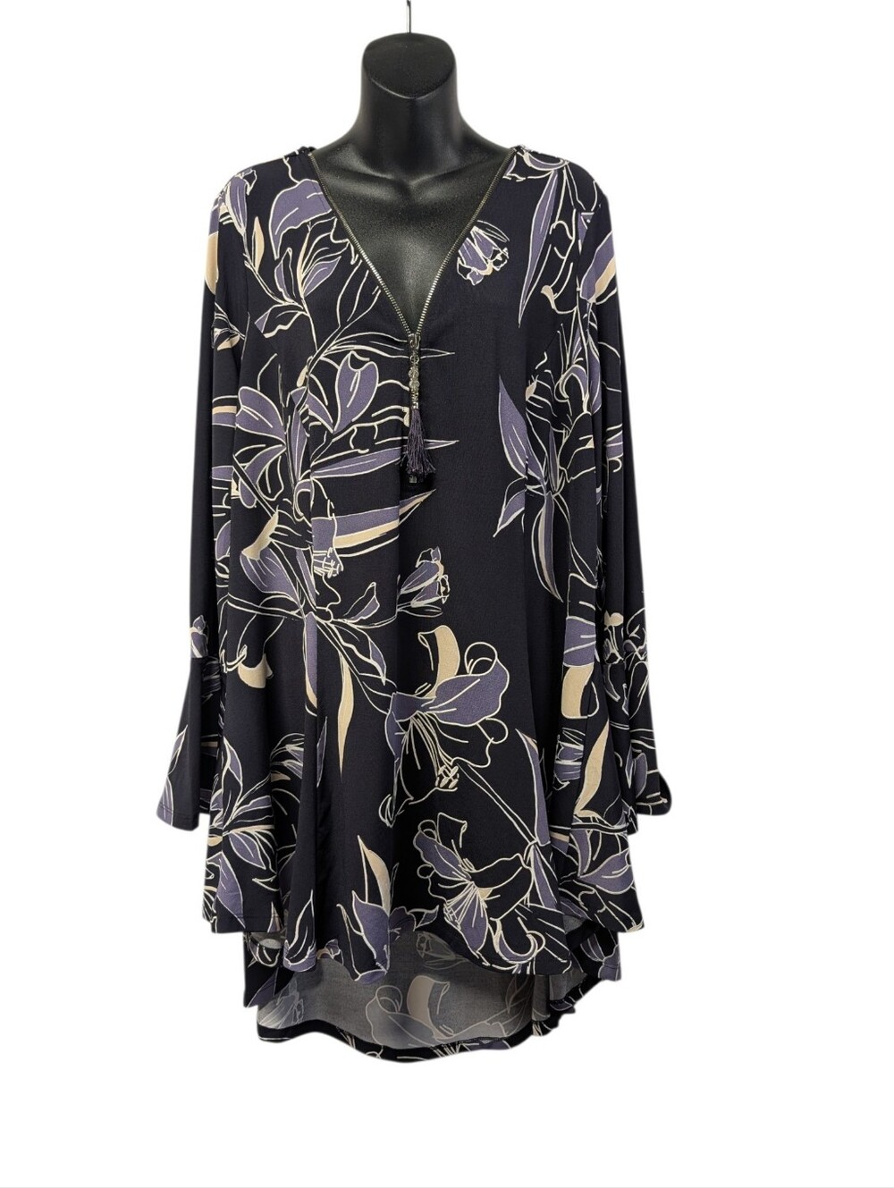 Avenue Studio Black Purple Floral Zip V-Neck Bell Sleeve Boho Tunic Top Size 20